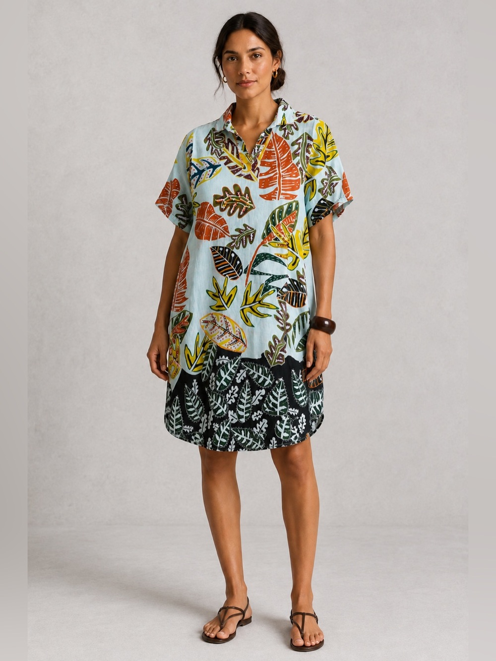 Artisan KikiSol Beaded Tropical Leaf Tunic Dress Resort M